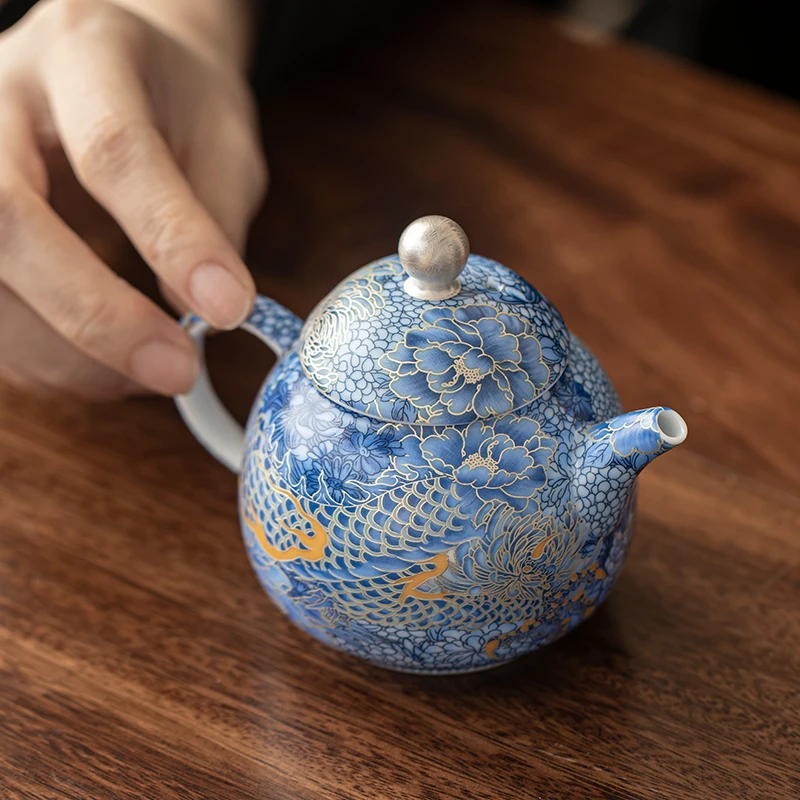 青花掐丝银龙茶壶高档缠枝中式家用国风轻奢陶瓷牡丹功夫茶具陶瓷