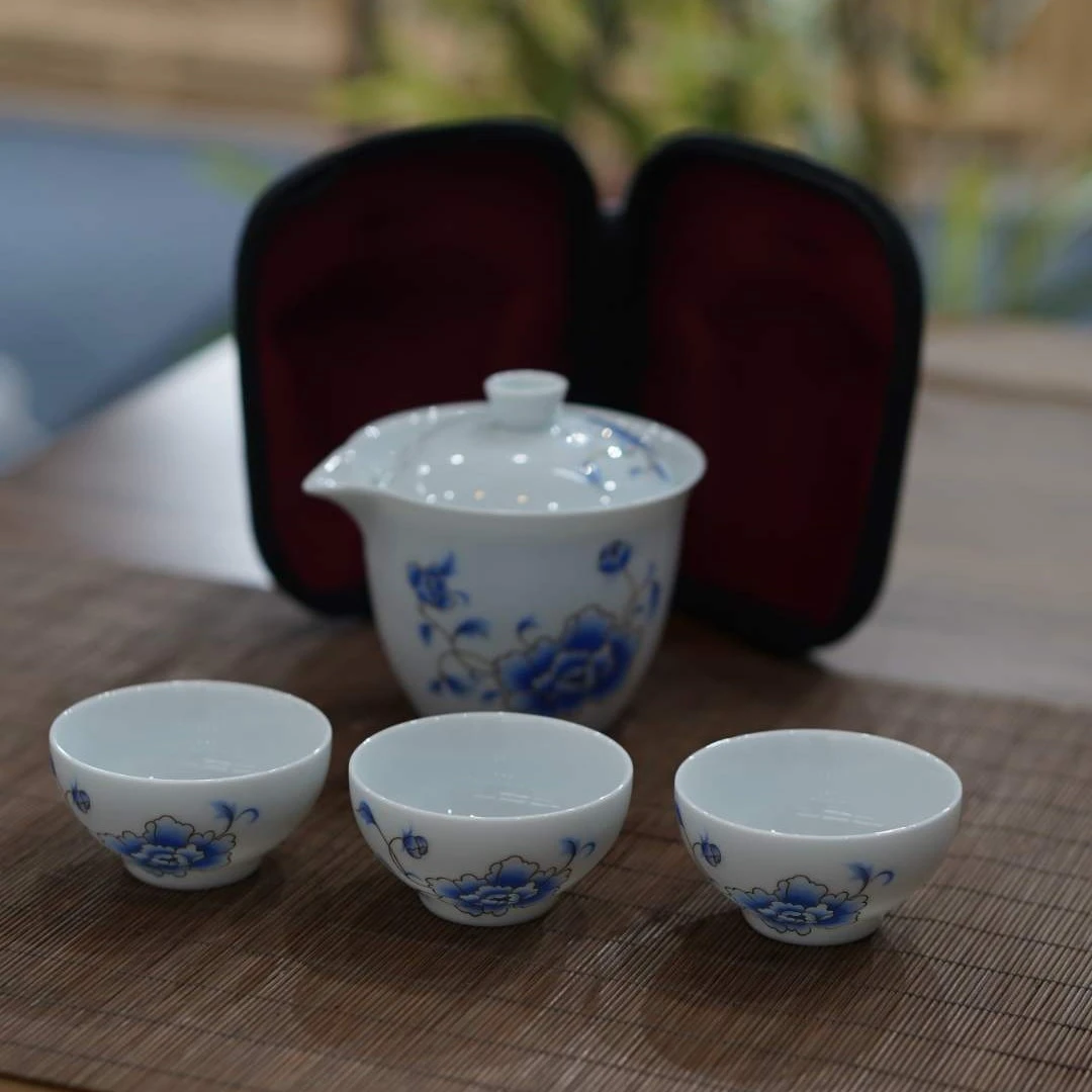 玉兰花快客杯一碗三杯便携套组旅行茶具手绘陶瓷便携式户外白瓷