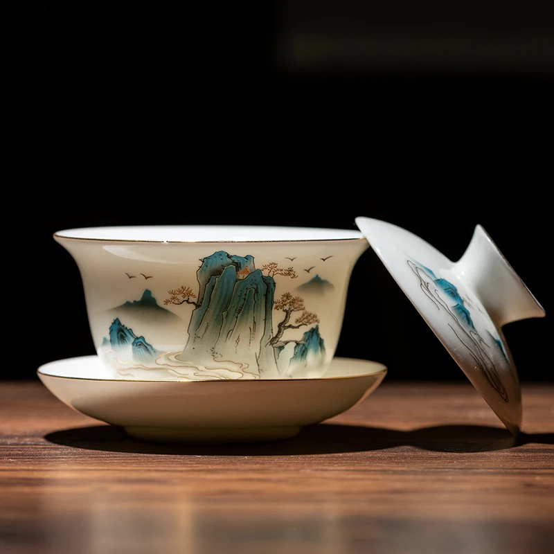 羊脂玉白瓷三才盖碗单个泡茶中式瓷盖碗家用轻奢功夫茶杯茶具带盖