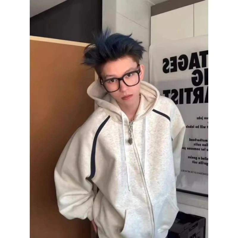 美式复古潮牌撞色拼接拉链开衫连帽卫衣男女春秋季宽松慵懒风外套