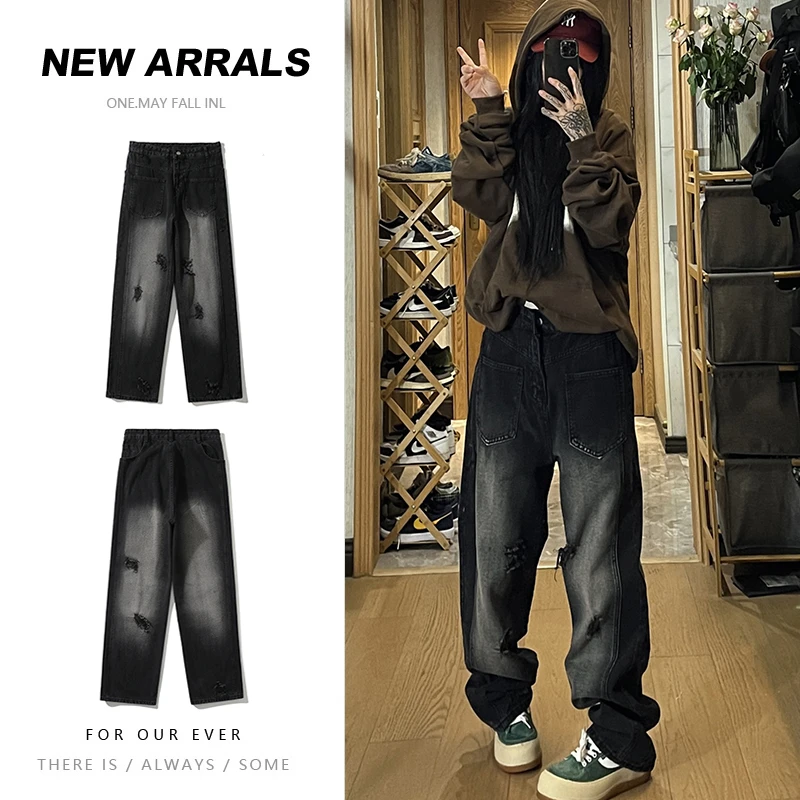 重工牛仔裤男宽松直筒秋季阔腿裤ins高街潮牌美式水洗复古长裤子