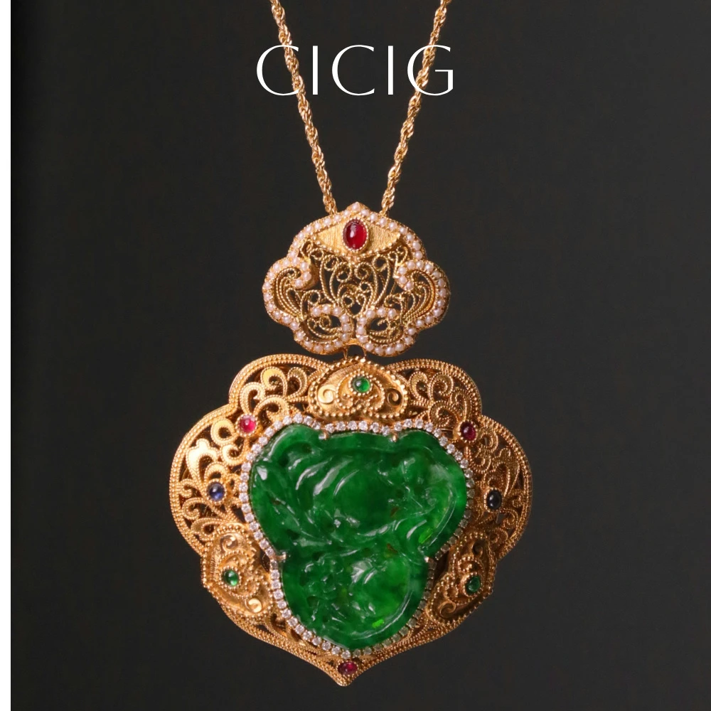 CiCiG设计款称丰如意翡翠18k金吊坠a