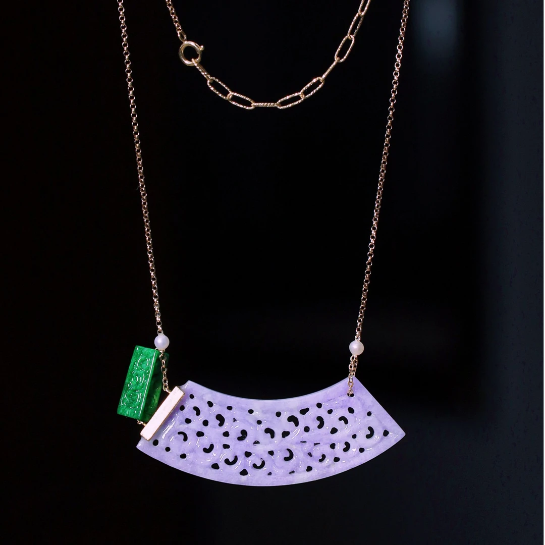 翡翠18k金项链富贵紫翡翠花片保真小姐珠宝翡翠