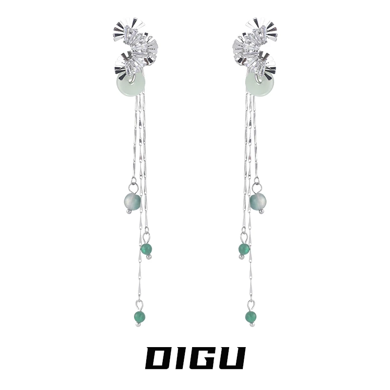 嘀咕家 铜合金耳饰 新中式扇形玉石流苏耳夹无耳洞耳骨夹耳饰