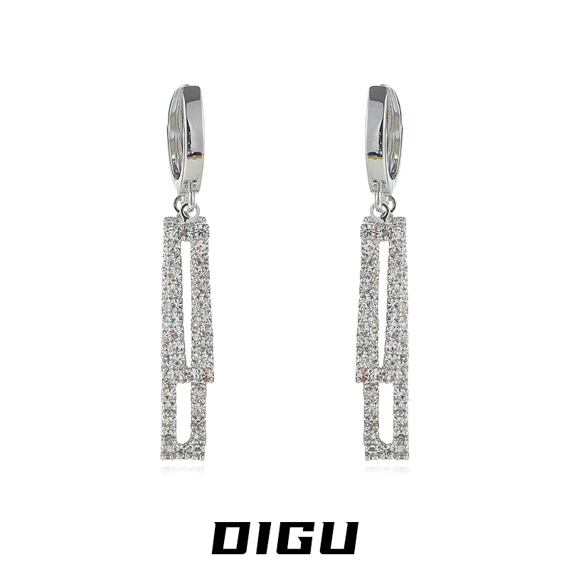 嘀咕家 铜合金合成锆石耳饰 微镶满钻双层方形耳环高级感长款耳坠