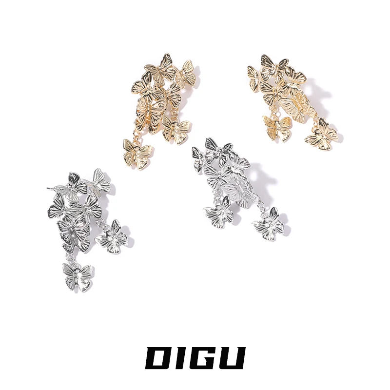 嘀咕家 铜合金耳饰 金属小蝴蝶流苏耳环女耳钉气质夸张耳饰