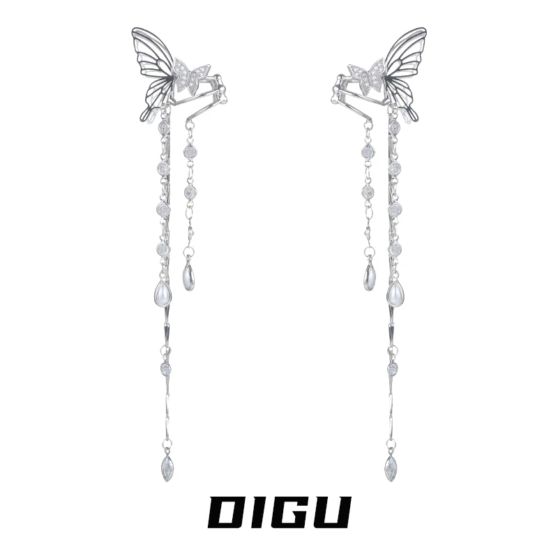 嘀咕家 铜合金耳饰 锆石蝴蝶流苏耳夹女长款无耳洞耳骨夹耳饰