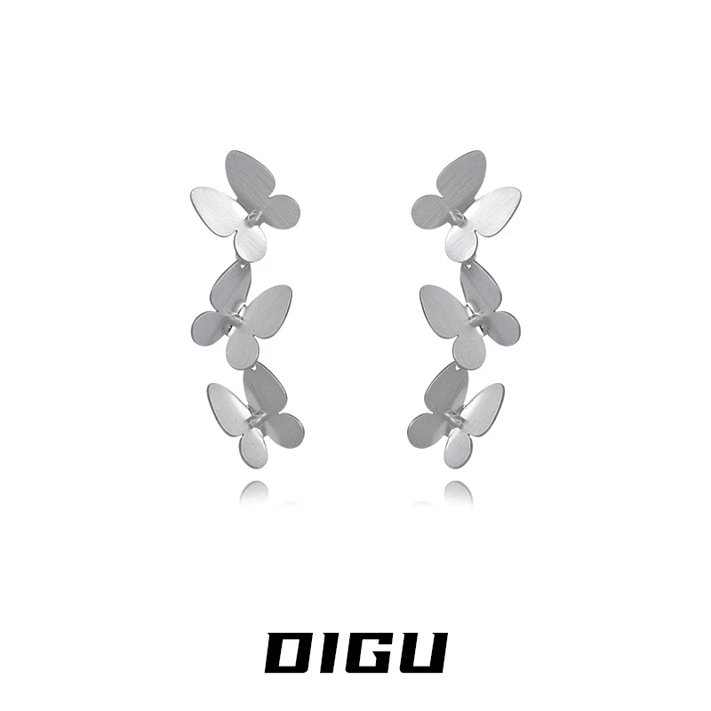 嘀咕家 铜合金耳饰 银白色金属蝴蝶流苏耳环耳钉百搭耳饰