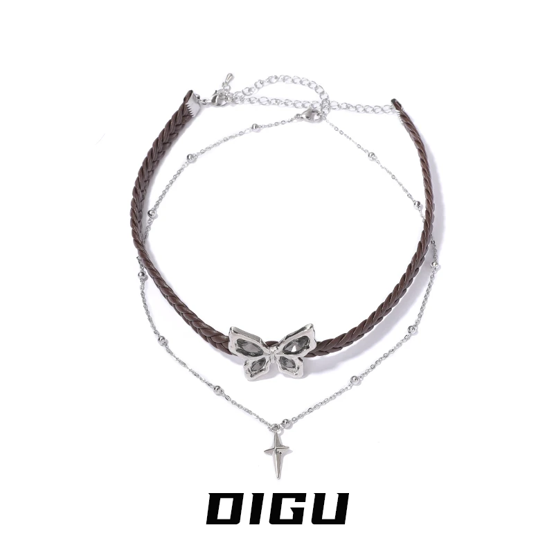 嘀咕家 铜合金项链 皮革蝴蝶十字架吊坠链双层叠戴颈链