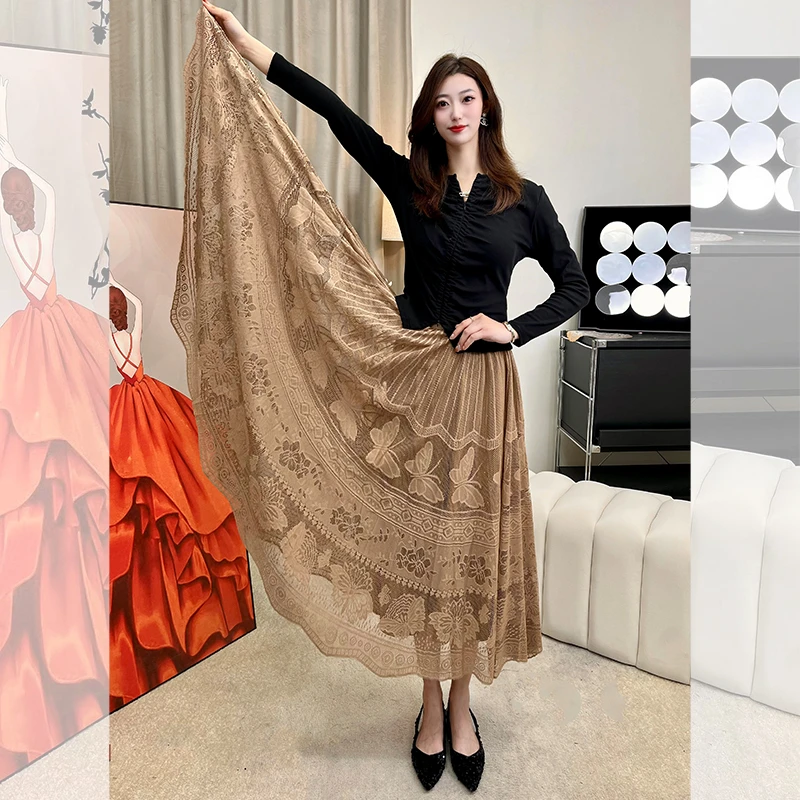 秋冬蕾丝半身裙烫钻A字显瘦秋季大摆中长款气质高腰长裙时尚2219