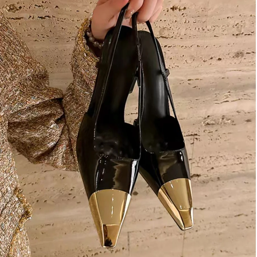 2024秋冬新款金属黑色金色尖头凉鞋女细跟包头御姐性感高跟鞋单鞋
