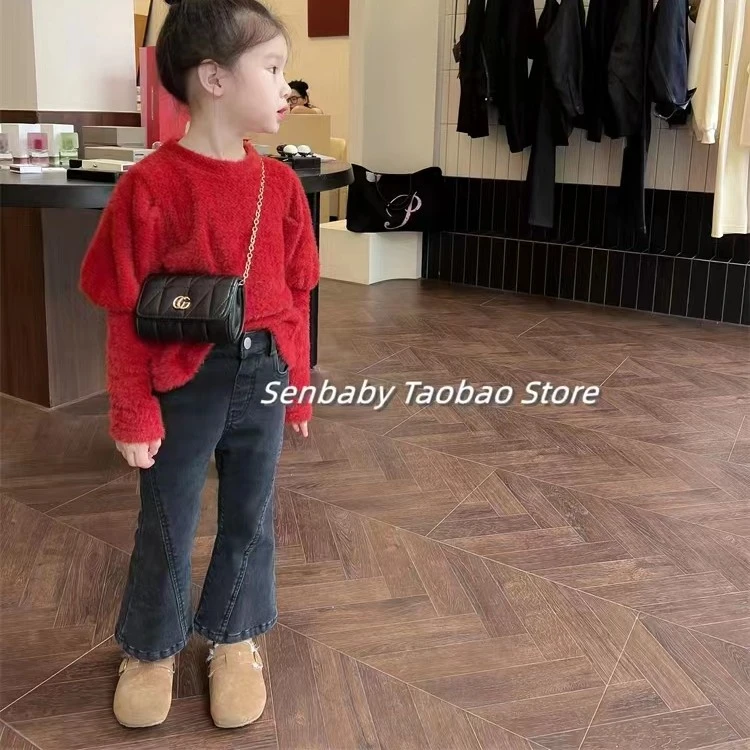 女童加绒牛仔裤儿童裤子长裤百搭拼接款新潮新款一体绒加厚喇叭裤