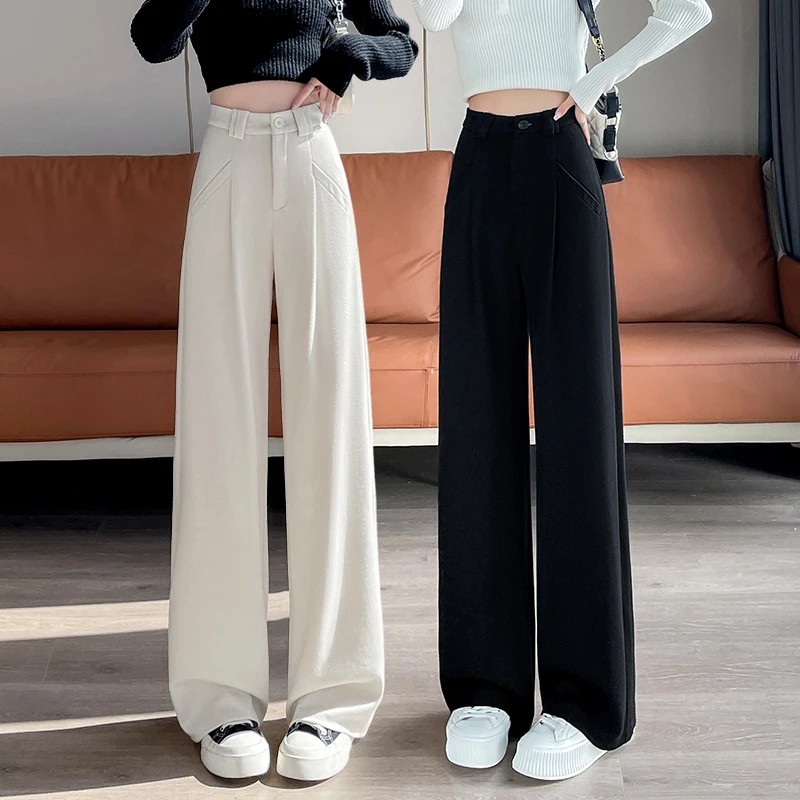 毛呢窄版休闲裤女2024秋季新款高腰显瘦磨毛阔腿裤宽松直筒拖地裤