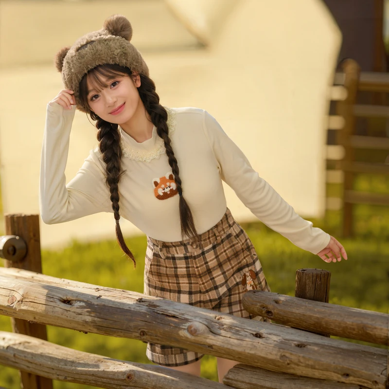 森女部落原创半高领花边熊猫毛巾绣打底衫T恤2024年新款女装冬款