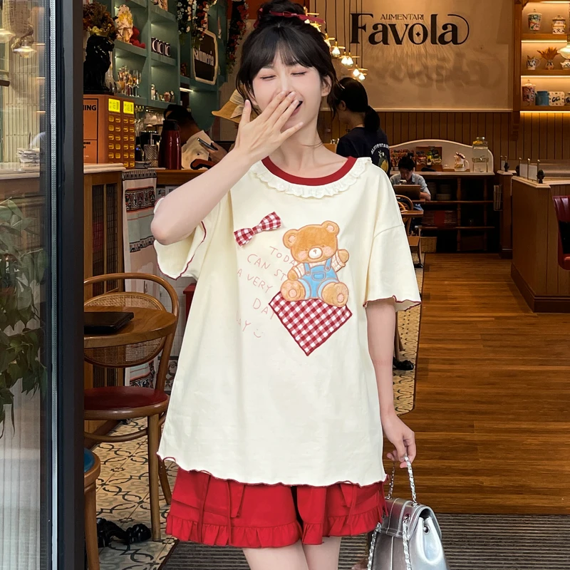 森女部落原创软妹可爱小熊贴布圆领短袖T恤夏2024年夏季新款女装