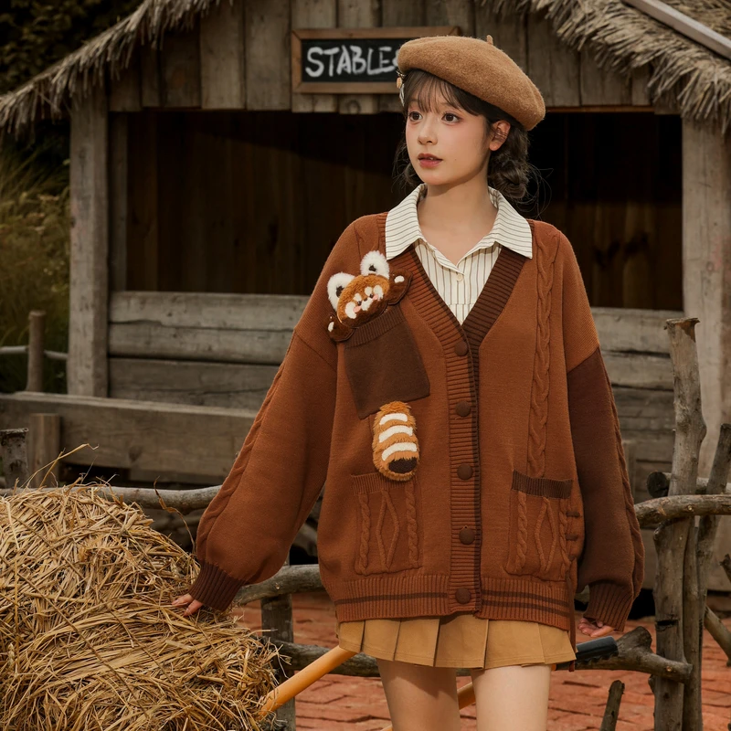 森女部落原创雅丹风美拉德棕色系熊猫复古风慵懒风毛衣外套初秋