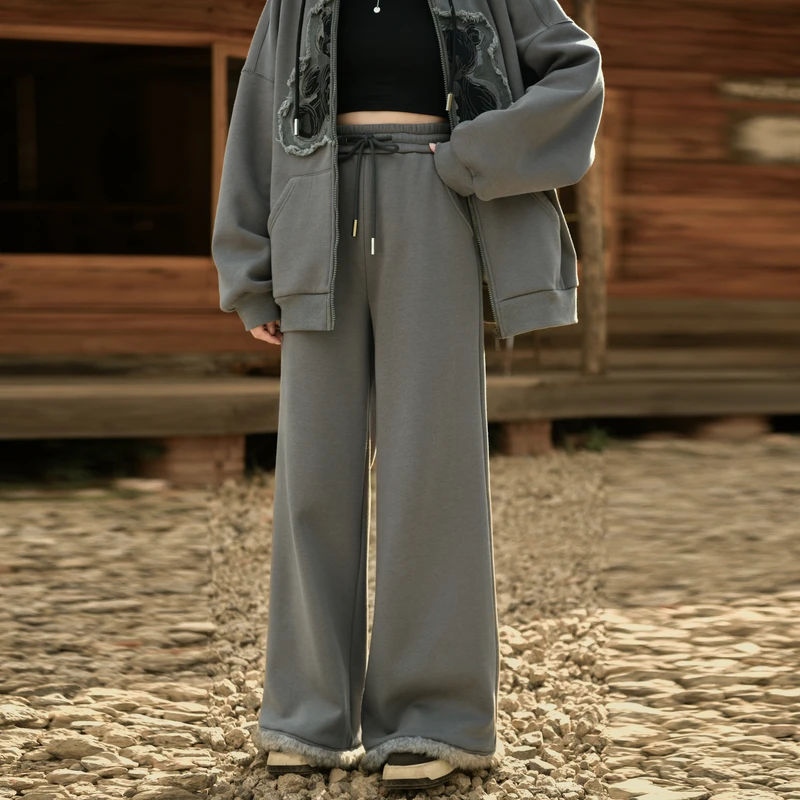 森女部落原创高级感灰色纯色阔腿裤休闲裤秋2024年秋冬新款女装