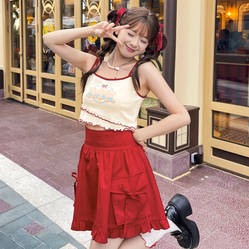 森女部落原创可爱萌趣小熊印花拼色吊带背心2024年夏季新款女装