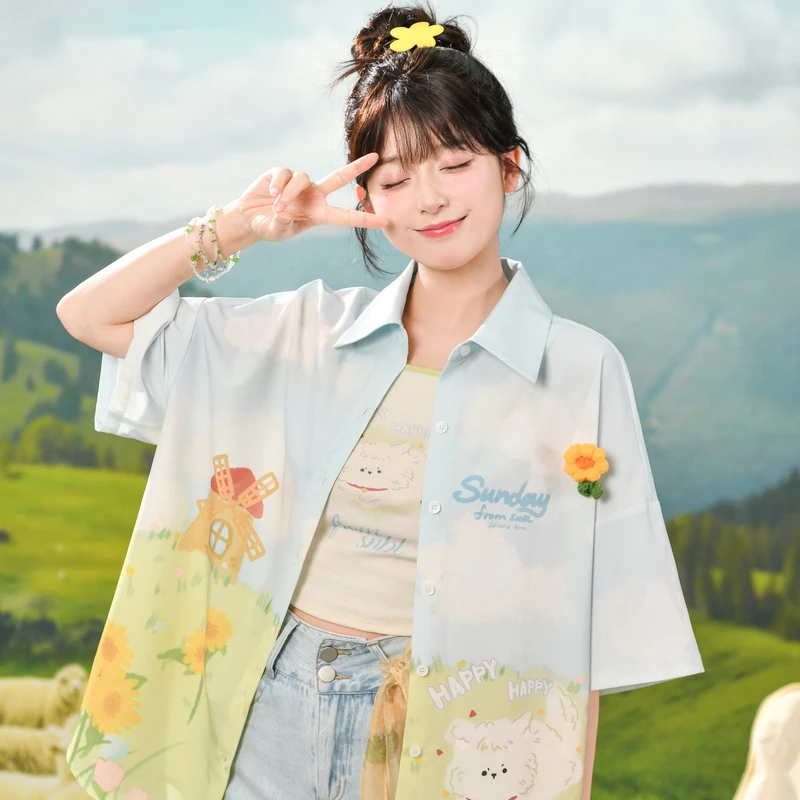 【小呆鸟专享】森女部落原创童话治愈系polo衫短袖衬衫上衣薄荷曼波