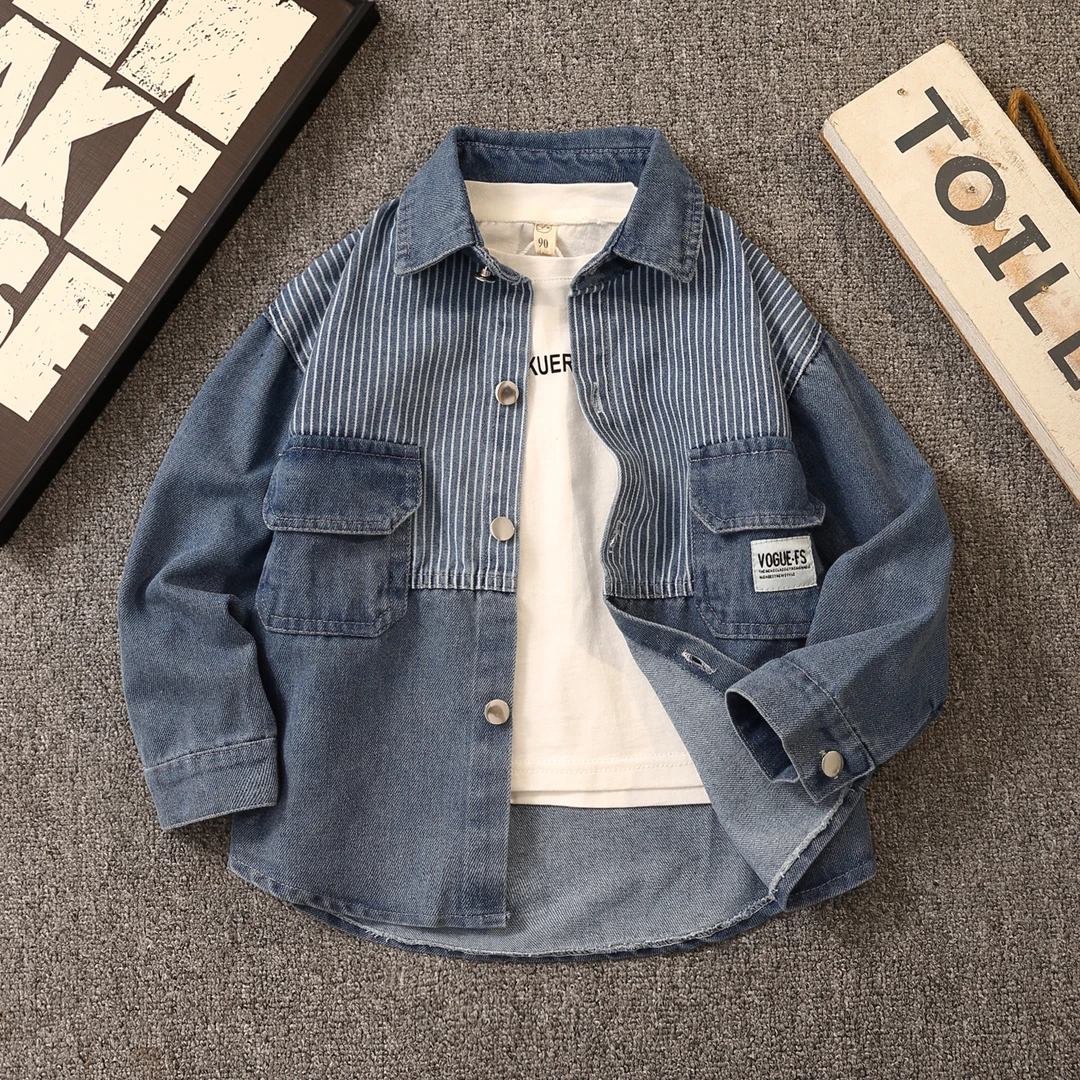 童装男童韩版牛仔衬衫2025新款春秋装中大童拼接条纹衬衣薄款外套