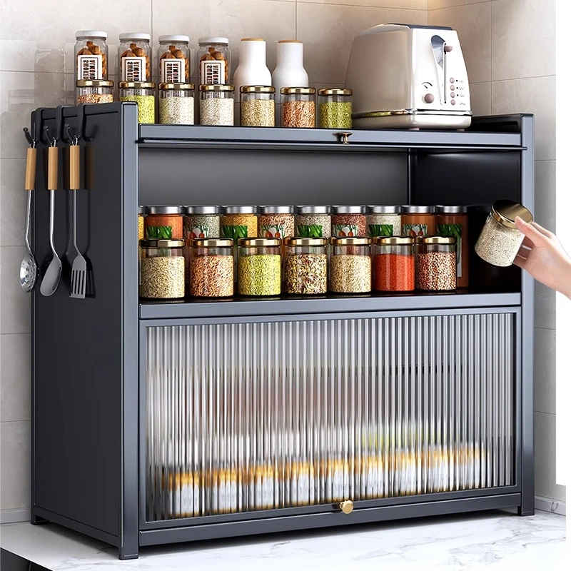 家用调料架厨房置物架多功能台面油盐酱醋瓶收纳架带门防尘储物架