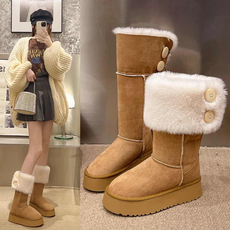 两穿厚底雪地靴2024新款加绒加厚保暖长筒雪地靴冬季增高防滑靴子