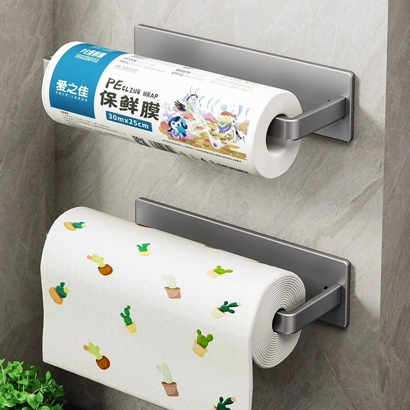 枪灰厨房纸巾架免打孔橱柜卷纸架厨房用纸置物保鲜膜抹布收纳挂架