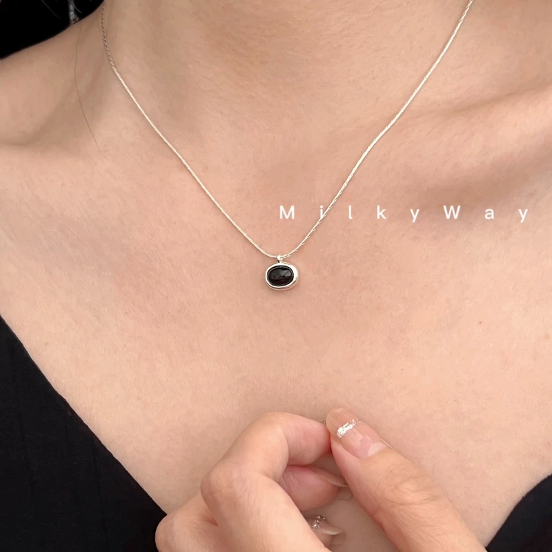 坠链均925银 有迹MilkyWay黑石头椭圆吊坠s复古925纯银项链女韩