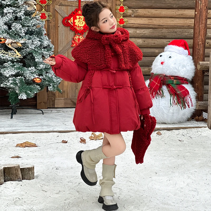 女童加棉加厚棉服冬装2025新款中大儿童红色年服拜年棉袄女孩棉衣