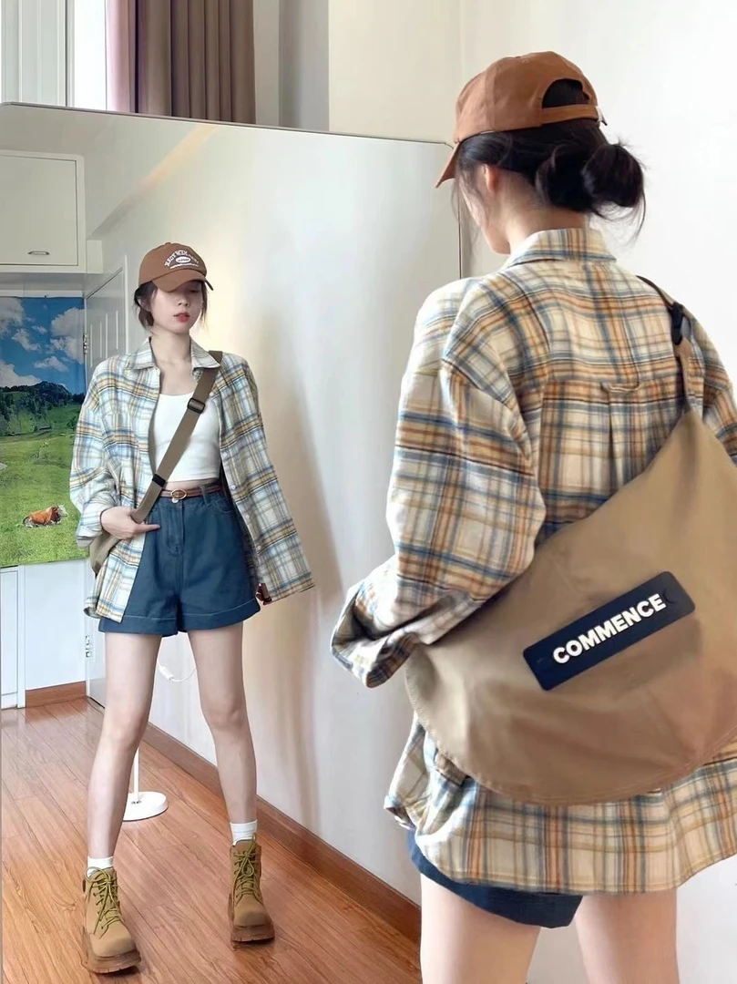2025百搭格子衬衫女春秋复古宽松显瘦外套女装气质穿搭