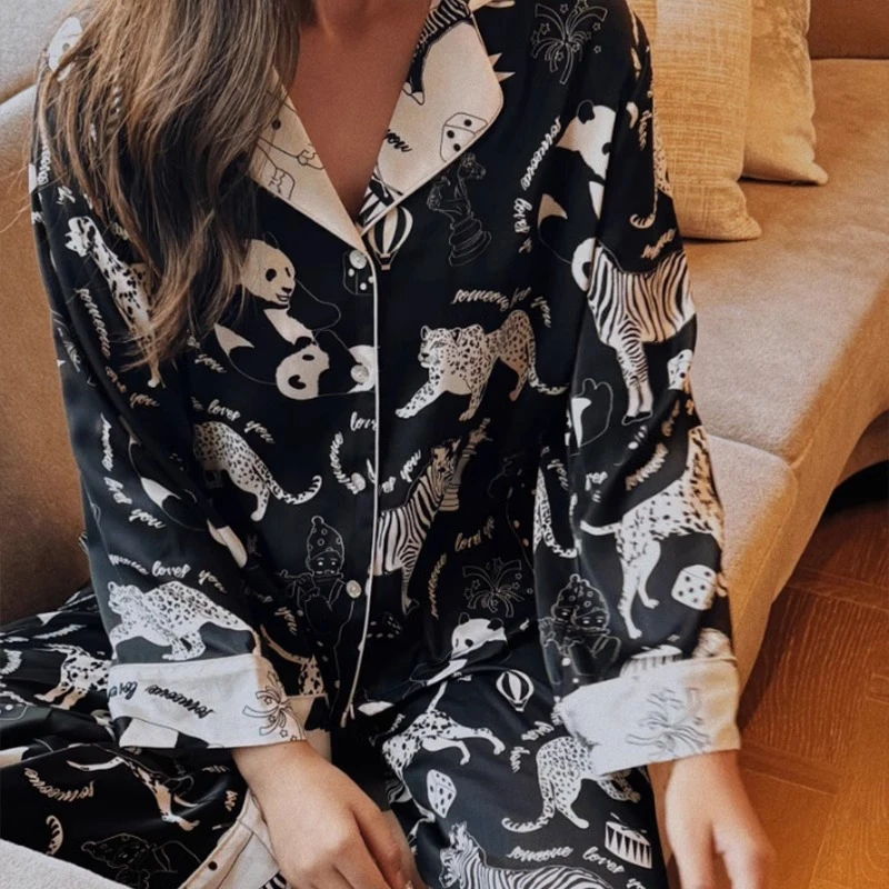 贵气高级黑白动物世界撞色双面印花缎面睡衣套装女士可外穿家居服