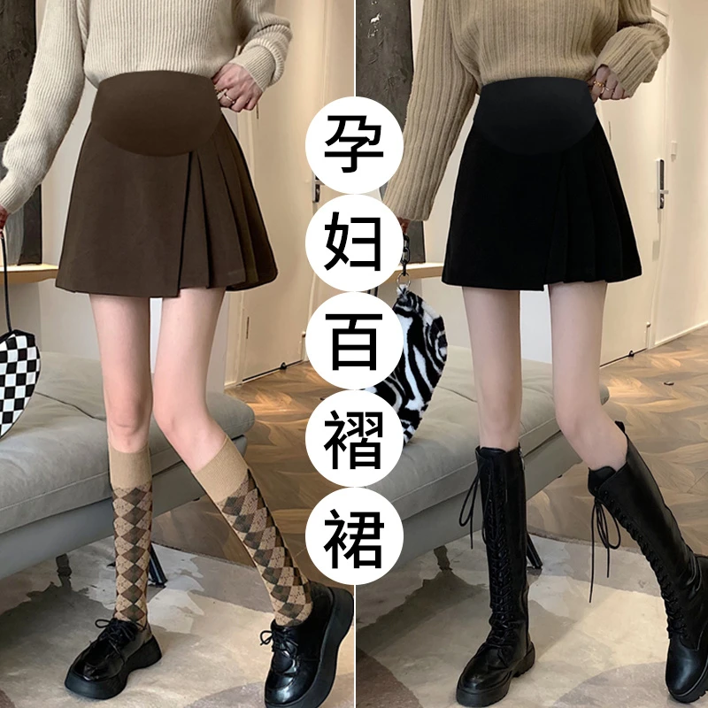 孕妇半身裙秋冬新款休闲洋气毛呢压褶裙网红A字短裙孕妇半身裙