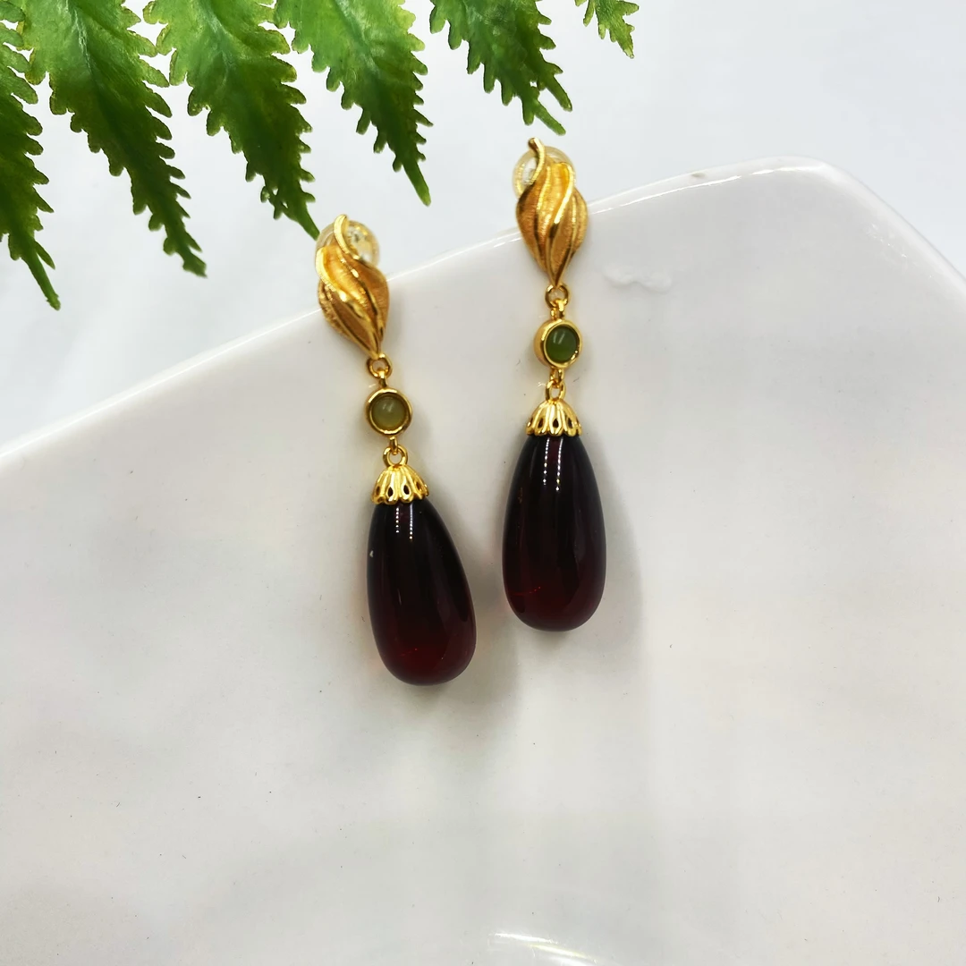 水滴血珀耳环耳饰时尚复古红色vintage紫色中古镶嵌精美