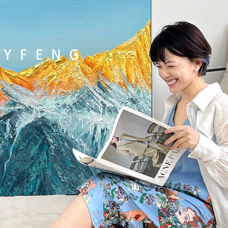 联名原创手绘油画/日照金山/客厅玄关轻奢挂画现代竖版落地画金山