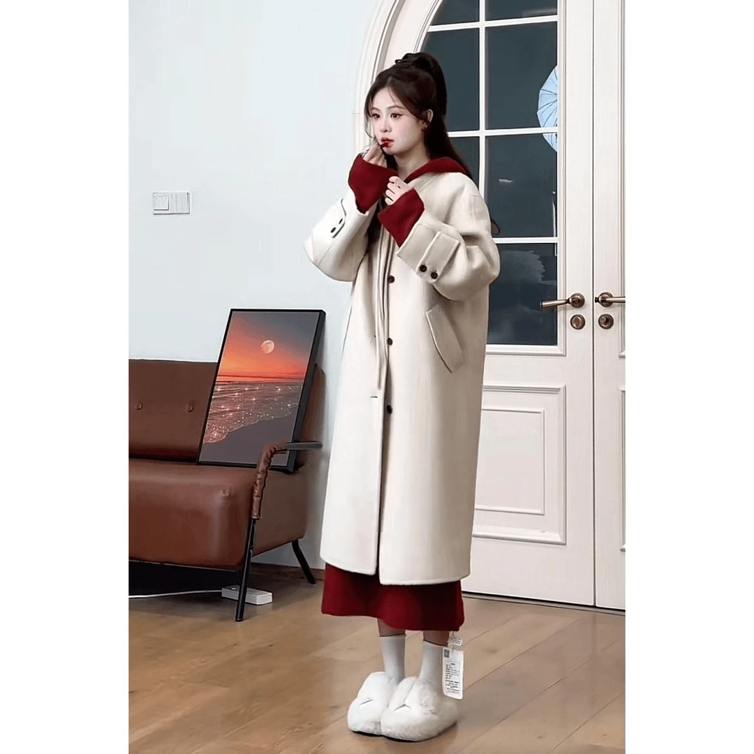 【柏林雪山】时尚慵懒套装女冬宽松连帽针织连衣裙中长款大衣两件套