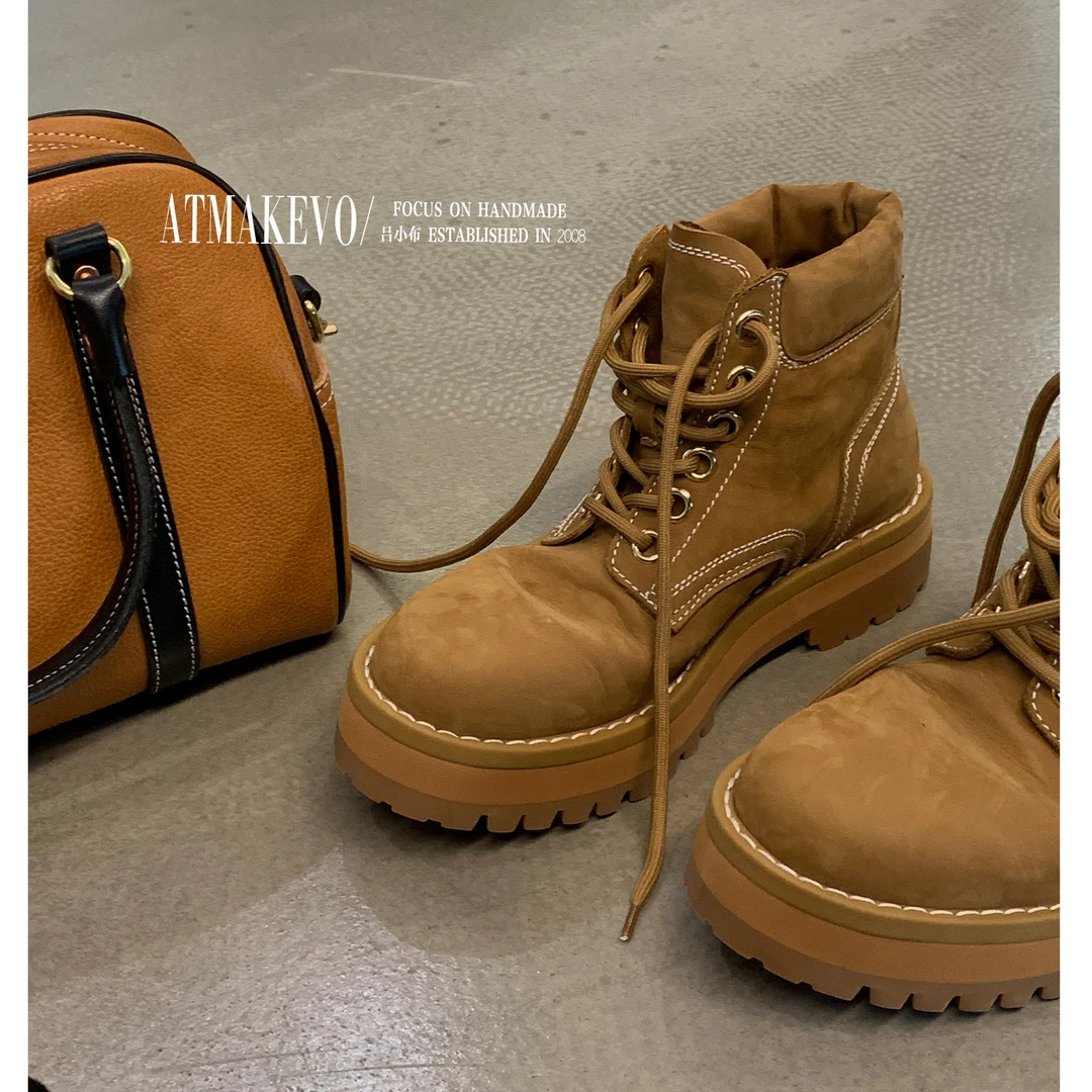 吕小布丨踢不烂 大黄靴2024加绒加厚圆头真皮马丁靴秋冬短靴0333