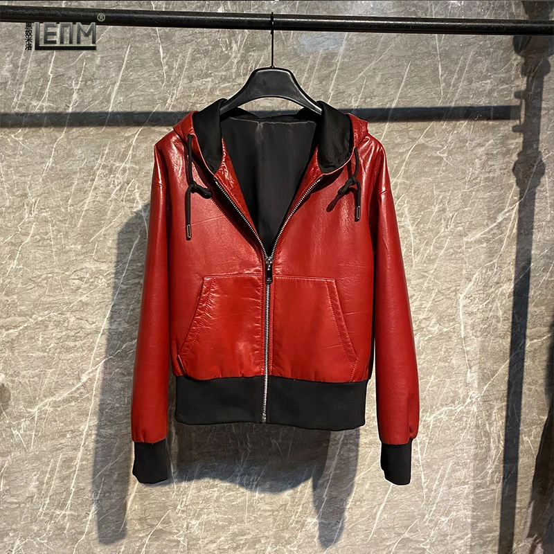 百搭新款女士真皮皮衣短款红色绵羊皮时尚酷飒连帽皮夹克外套