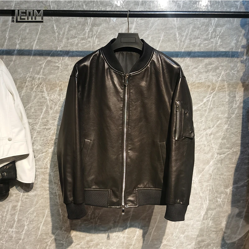 男士男款真皮皮衣黑色短款休闲山羊皮棒球领微阔皮加绒夹克外套潮