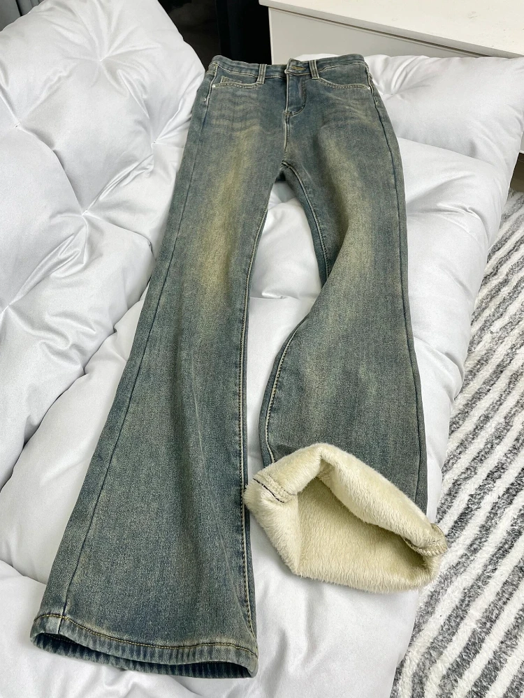 加绒加厚直筒牛仔裤女2024年秋冬大码胖mm高腰遮胯弹力微喇马蹄裤
