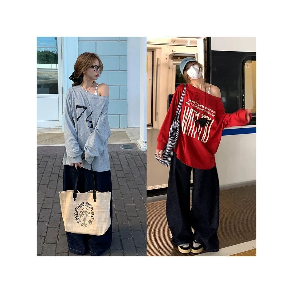 露肩前后印花长袖T2024新款两面穿设计宽松心机套头上衣女春秋