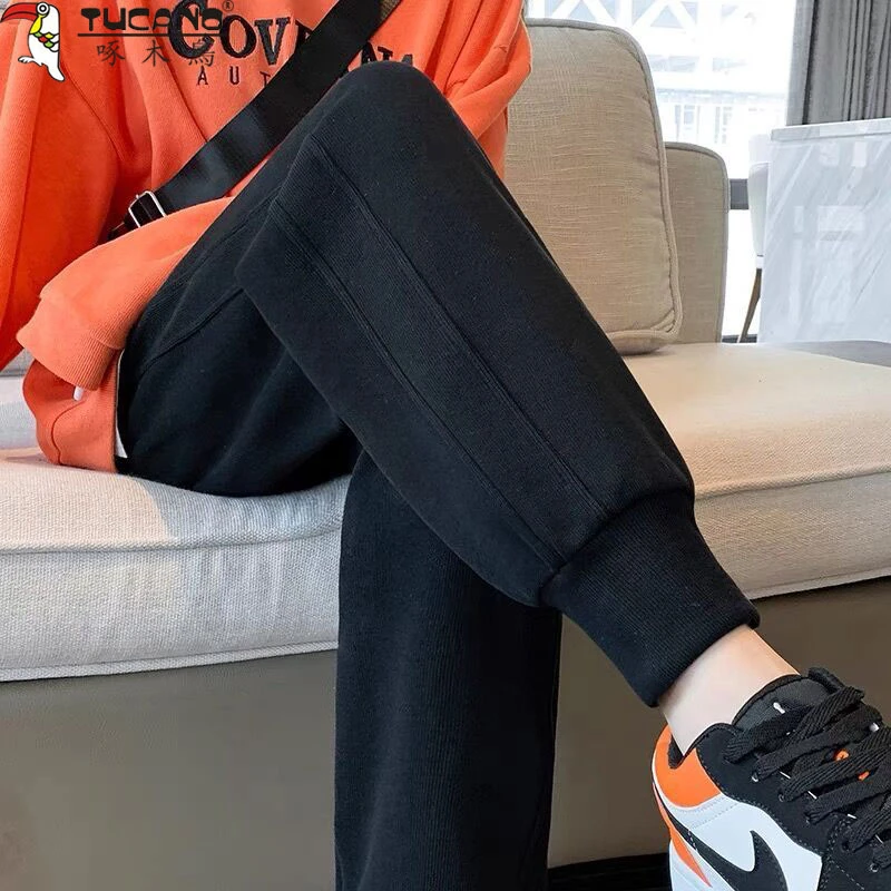 啄木鸟灰色运动裤女春秋季2023显瘦百搭哈伦卫裤宽松束脚休闲裤子