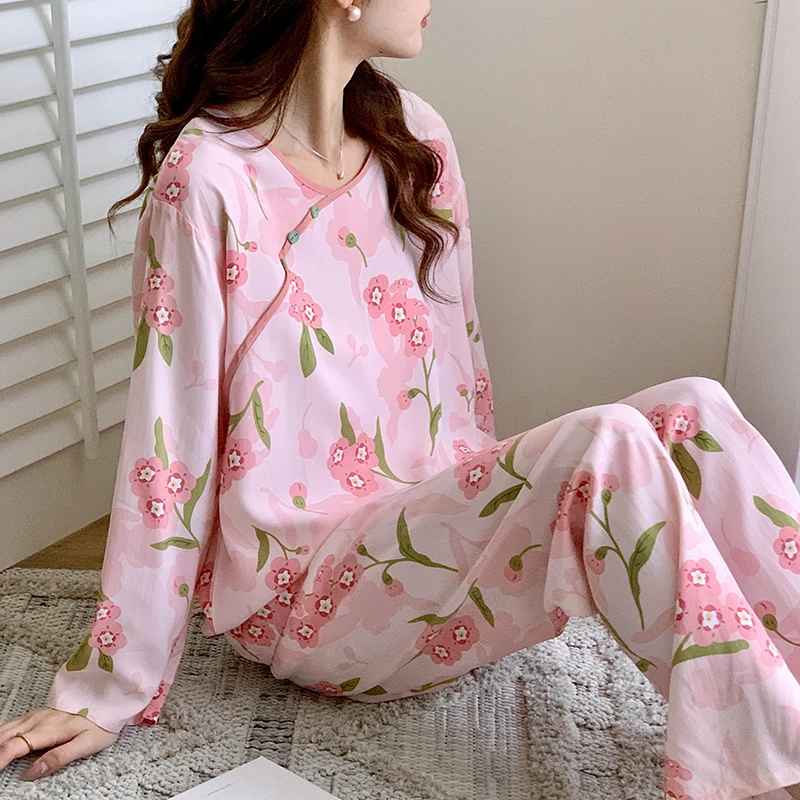 睡衣女夏季棉绸长袖新中式家居服可外穿国风款空调服绵绸套装大码