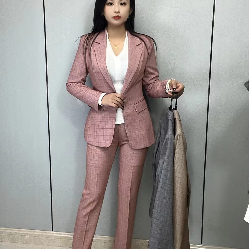 20233时尚气质修身格子韩版春季女神范休闲女士西服西装套装商务
