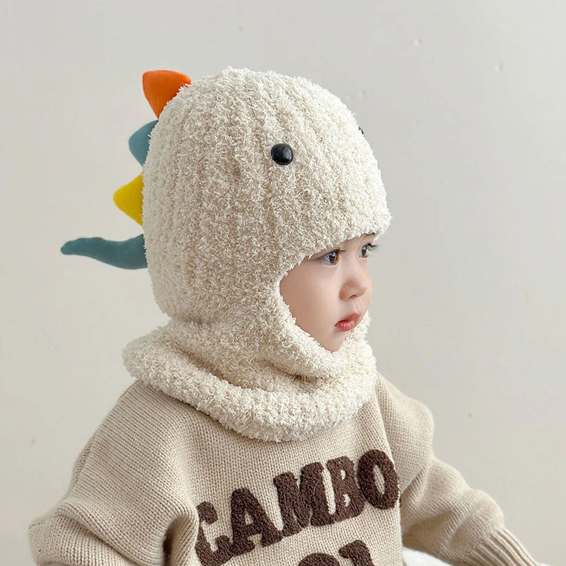 宝宝秋冬季儿童帽子围脖一体冬天防风保暖男女童恐龙毛绒套头帽潮