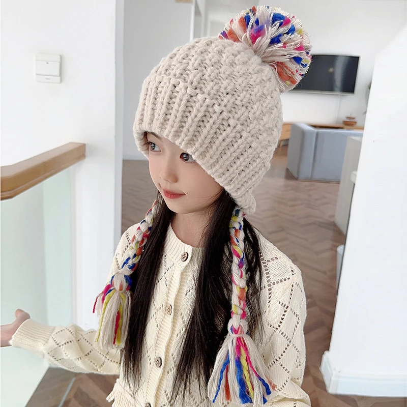 儿童帽子秋冬流苏辫子女童毛线帽可爱超萌公主帽保暖针织护耳帽冬