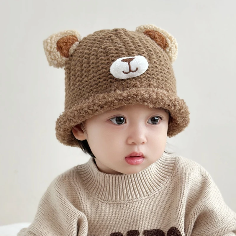婴儿帽子秋冬季可爱超萌小熊男宝渔夫帽女宝宝冬天毛线针织盆帽潮