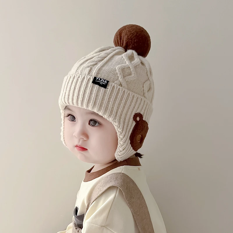 宝宝护耳帽秋冬季可爱熊超萌针织毛线帽防风加厚保暖男女童套头帽