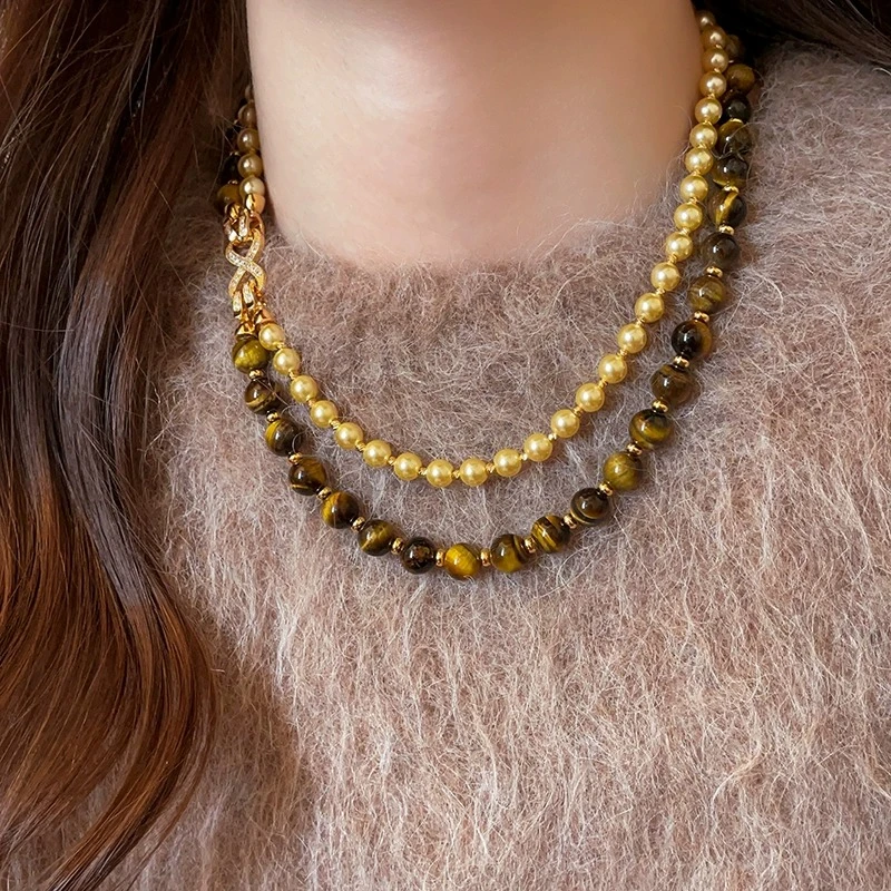 铜合金项链 长款叠戴美拉德虎眼石珠珠项链双层毛衣链秋冬配饰女