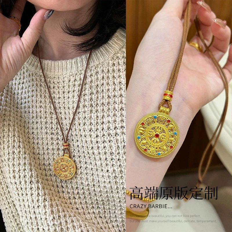 铜布艺项链 韦雪同款金色彩钻八宝罗盘项链复古轻奢毛衣链配饰女