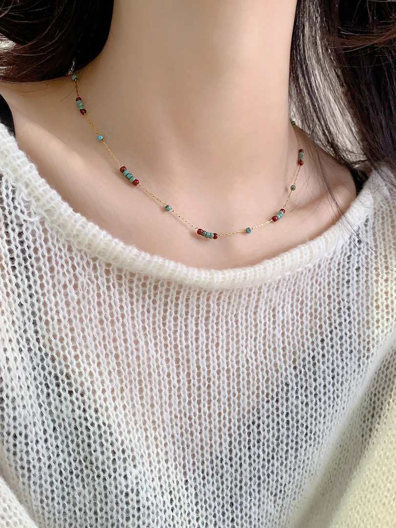 钛钢项链  轻奢小众撞色串珠不掉色项链女夏高级感叠戴锁骨链颈链